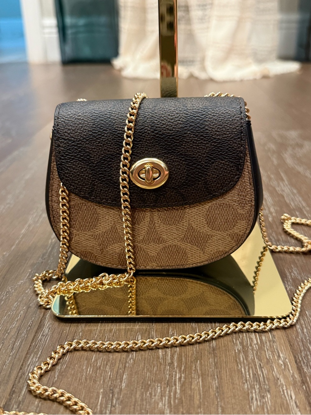 Coach Two-Tone Signature Brown and Black Signature Crossbody with Gold Chain